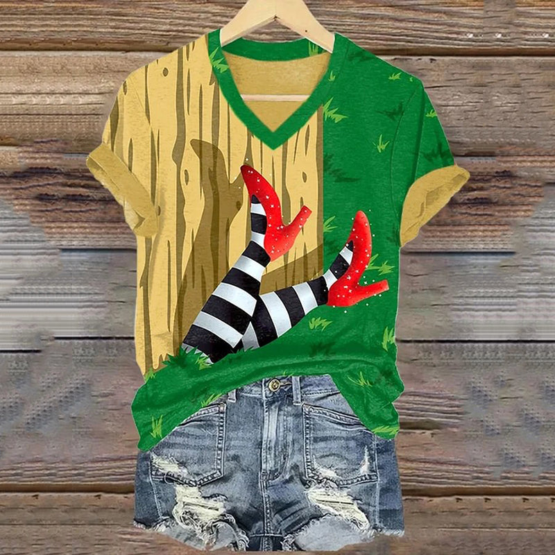 Classic Ruby Red Shoes Painting V-Neck Casual T-Shirts