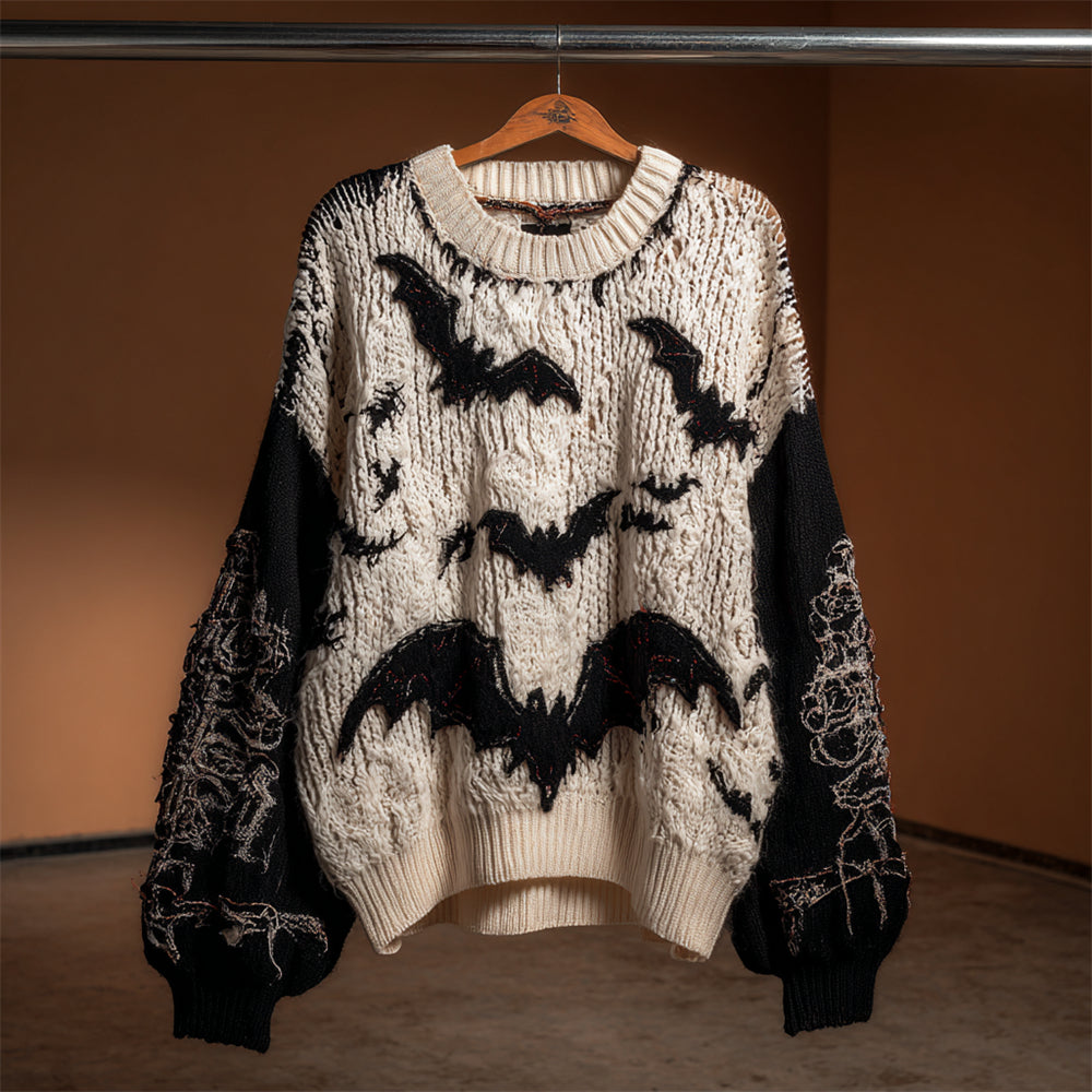 Halloween Bat Black And White Contrast Women's Knit Sweater