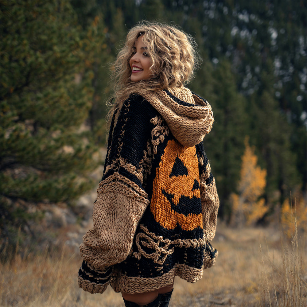 Halloween Spooky Pumpkin Lights Women's Chunky Knit Hooded Cardigan