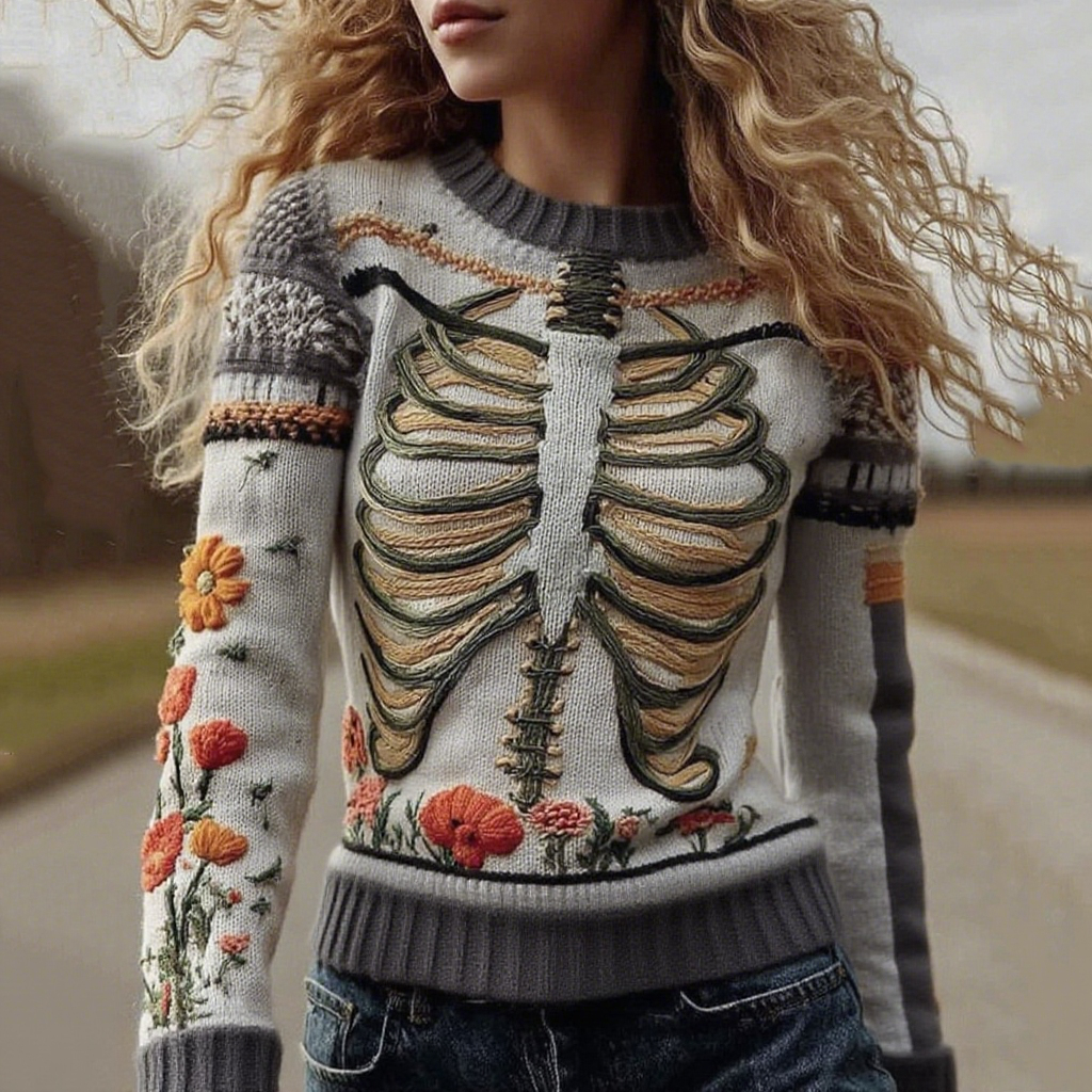 Vintage Halloween Anatomy With Floral Art Chunky Knitted Sweater