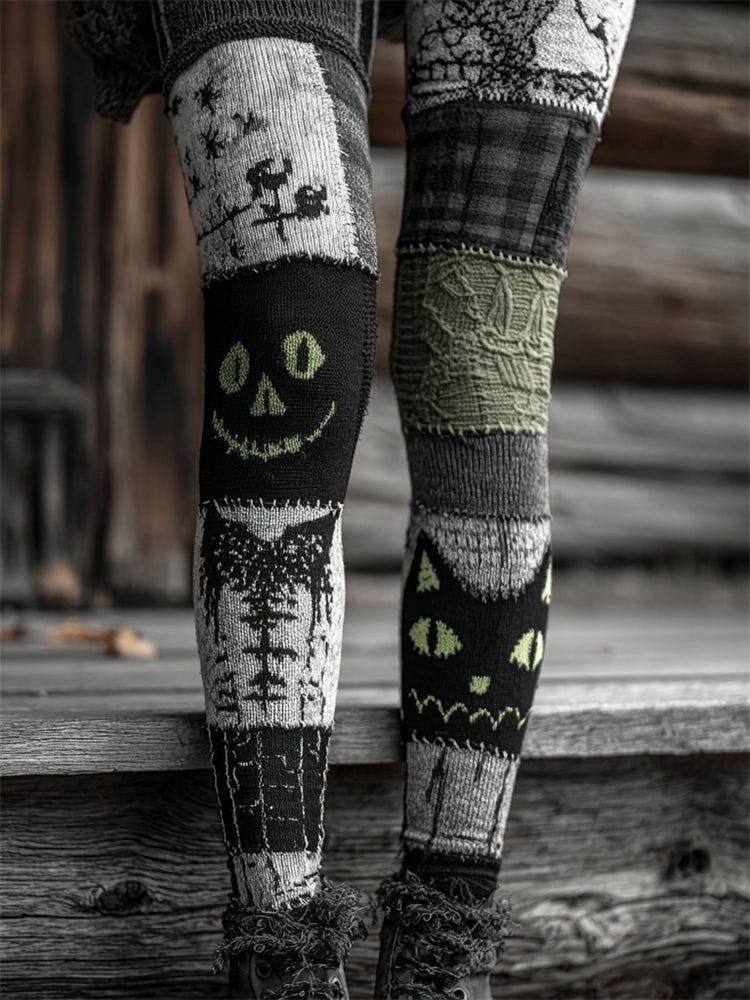 Halloween Black Cat Colorblock Patchwork Cozy Knit Leggings