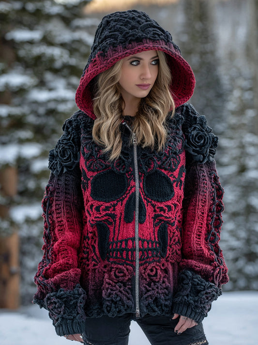 Women's Vintage Viking Tribal Celtic Skull Gradient Art Cozy Knitted Hooded Cardigan