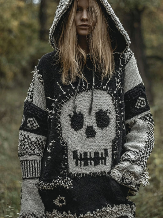Women's Vintage And Quirky Skull Patchwork Pattern Vintage Hooded Sweater