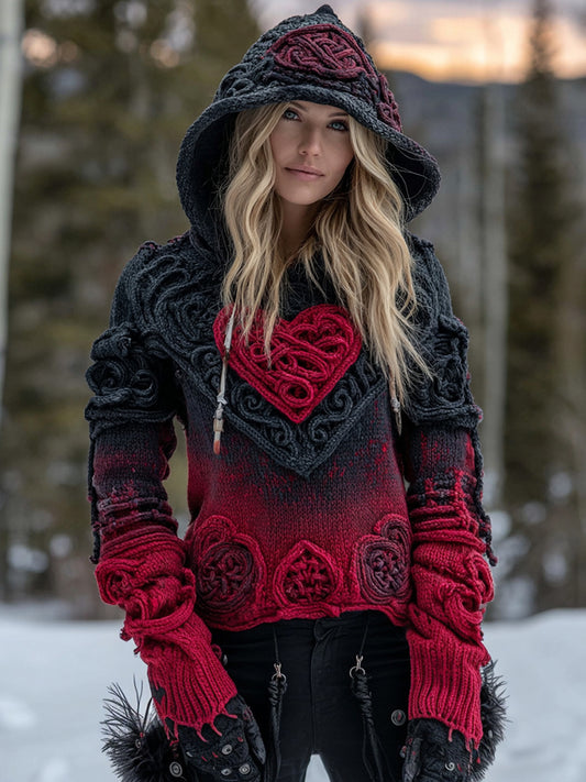 Women's Vintage Heart Gradient Art Knit Hooded Sweater