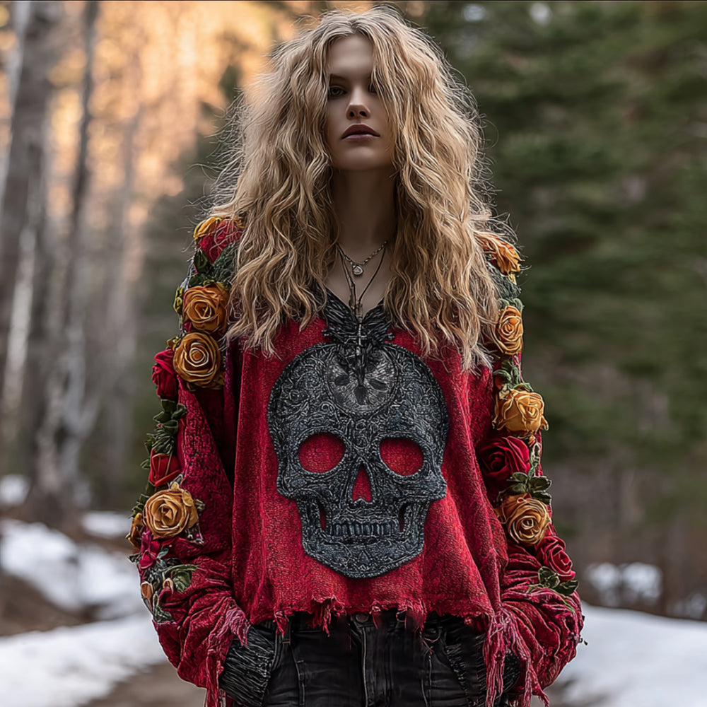 Women's Vintage Skull-print Distressed V-neck Top