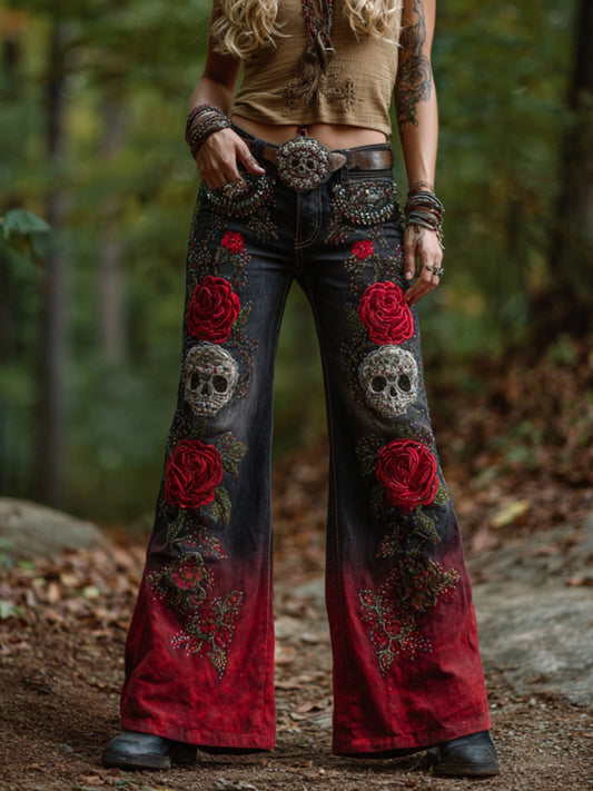 Vintage Skull & Roses Gradient Embroidered Art Skinny Jeans