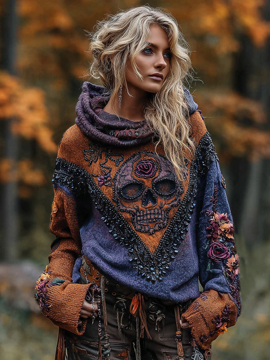 Rose Skull Gothic Color-block Hooded Sweater