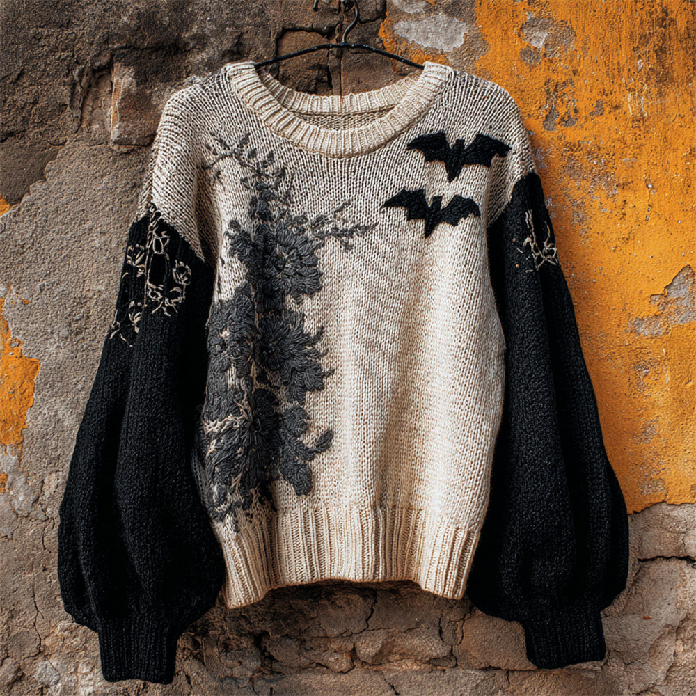 Halloween Bat Floral Embroidery Women's Knit Sweater