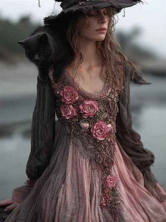 Vintage Witch Pink Roses Glitter Fiber Art Flowy Linen Dress