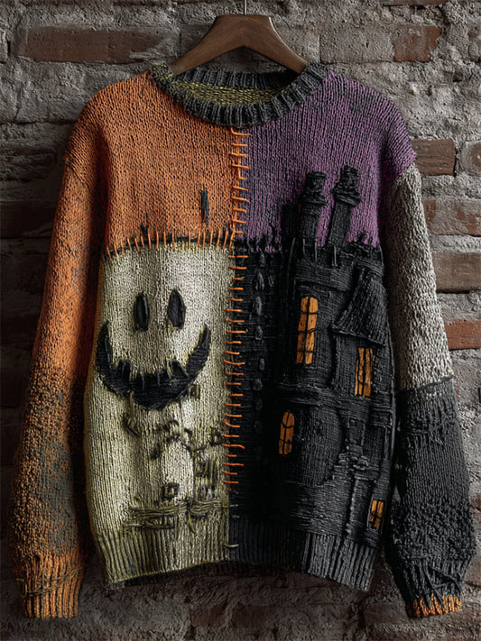 Halloween Spooky Face & Castle Colorblock Stitched Cozy Knit Cardigan
