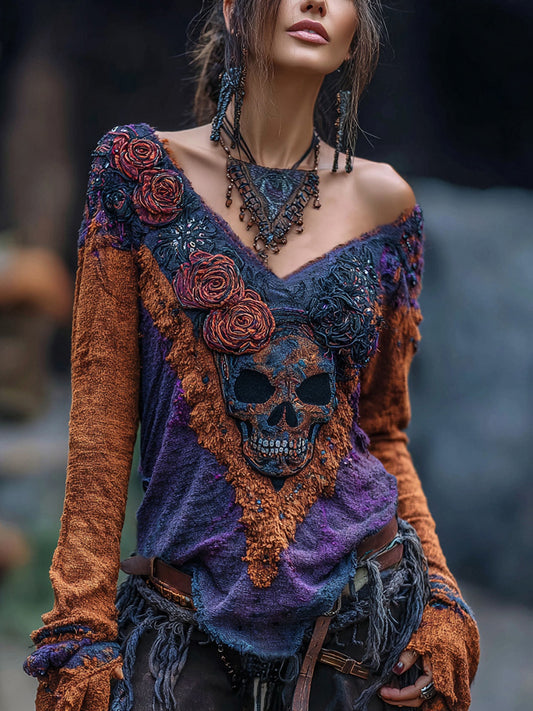 Vintage Rose Skull Rhinestone Contrast V Neck T-shirt