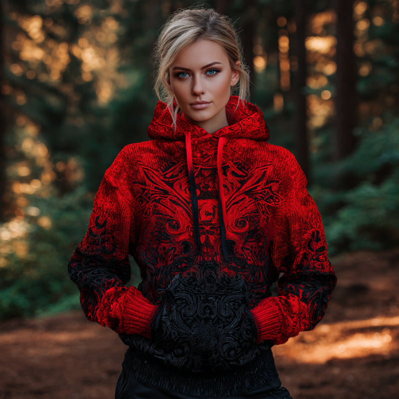 Women's Vintage Viking Tribal Celtic Skull Gradient Art Chunky Knit Hooded Sweater