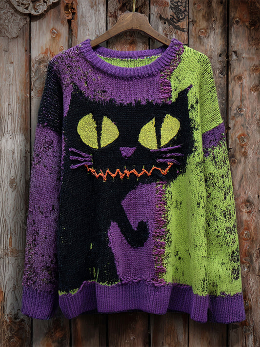 Halloween Cute Black Cat Color Blocking Women's Knitted Sweater