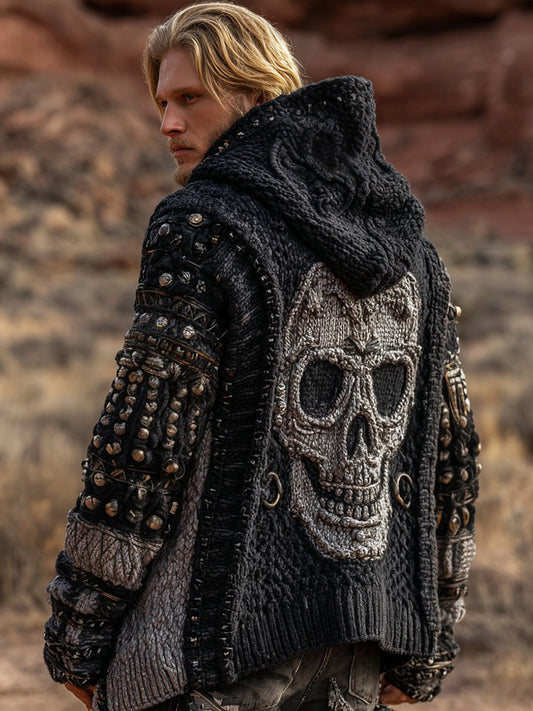 Men's Dark Style Skull Inspired Knitted Cozy Zipper Up Hooded Cardigan