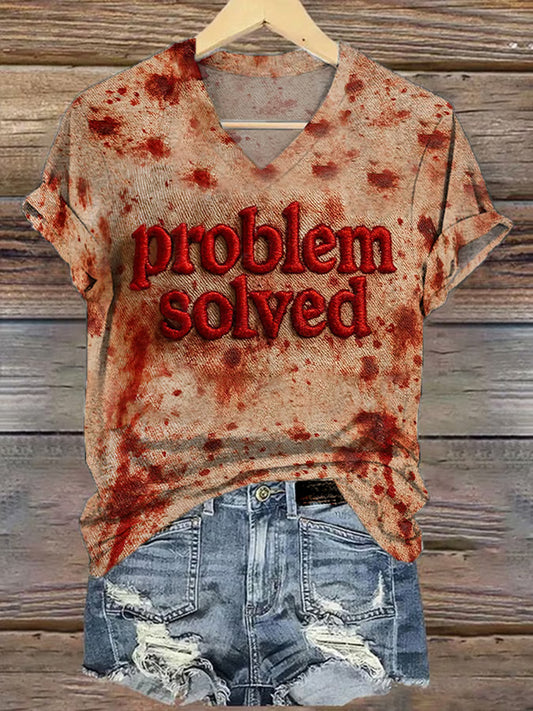 Vintage Bloodstained Bloody Problem Solved Halloween Art Pattern Print Cotton Graphic T-shirt