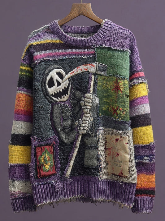 Halloween Spooky Ghoul Embroidered Patchwork Cozy Knitted Sweater