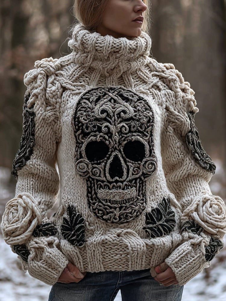 Women's Vintage Patterned Skull And Rose High-neck Sweater