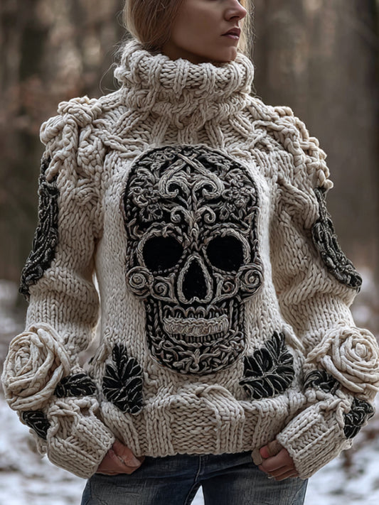 Women's Vintage Patterned Skull And Rose High-neck Sweater