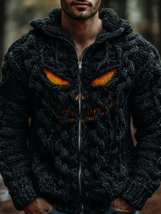 Halloween Evil Pumpkin Face Men's Chunky Knit Full Zip Hooded Sweater
