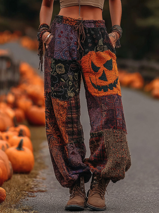 Vintage Halloween Themed Pumpkin Embroidered Linen Pants