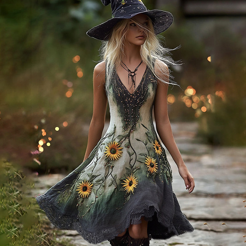 Women's Halloween Gradient Horror Daisy Witch Vest Midi Dress