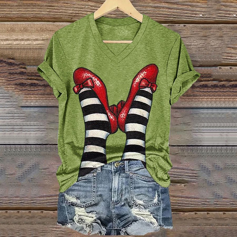 Classic Ruby Red Shoes Floral Painting V-Neck T-Shirt
