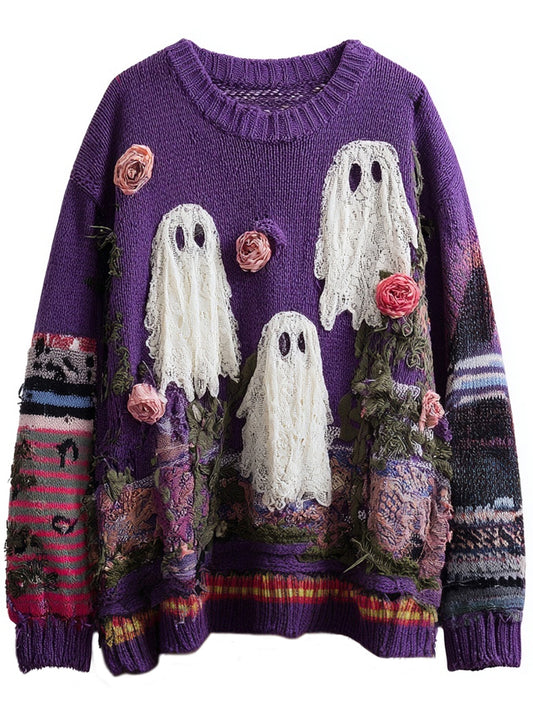 Vintage Ghost & Roses Embroidered Patchwork Cozy Knitted Sweater