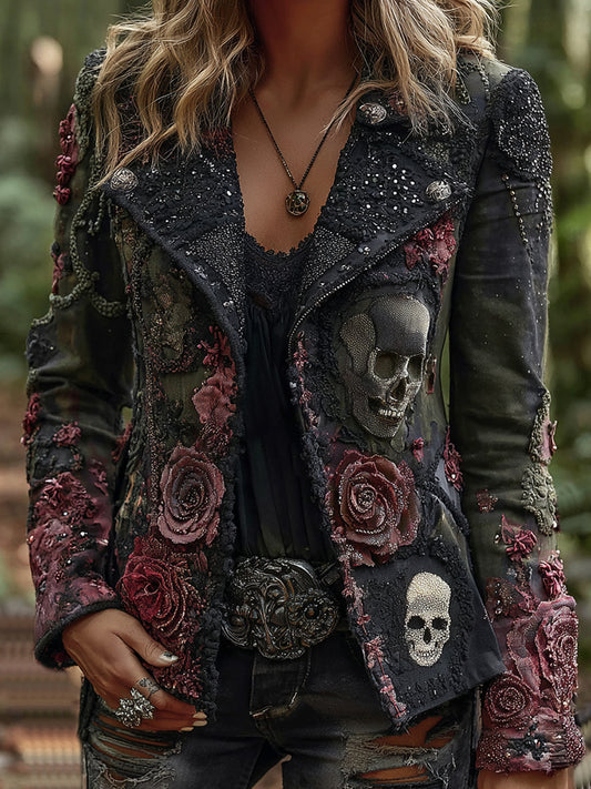 Rose Skull Embroidered Gothic Rock Lapel Denim Jacket