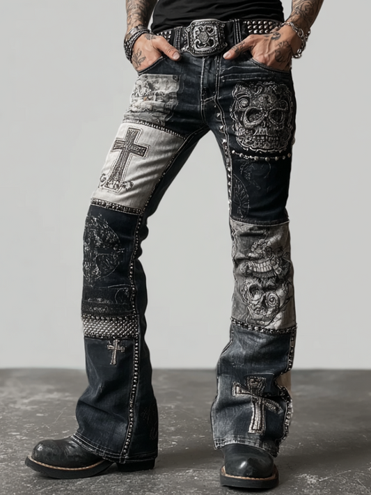Rock Punk Skull Cross Element Retro Distressed Heavy Workwear Men's Denim Long Pants