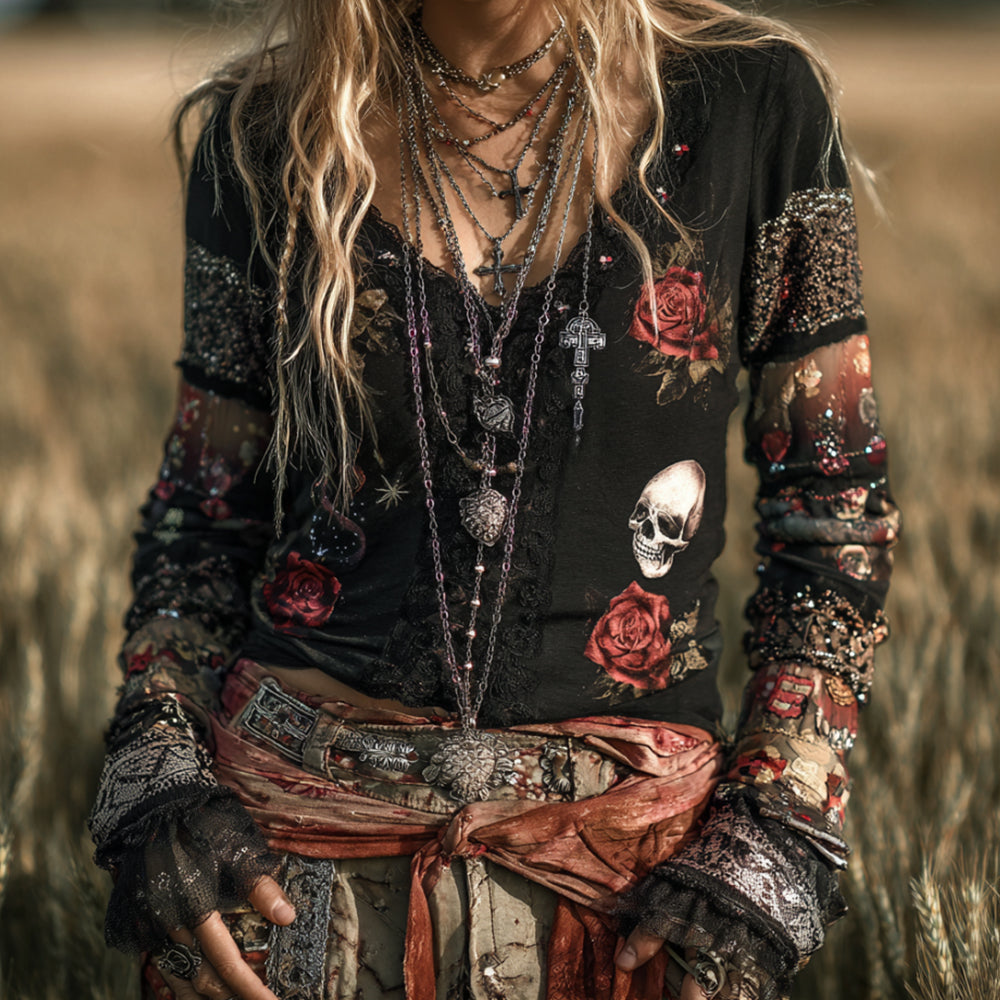 Women's Patchwork Floral Skull Long-sleeved Vintage Top