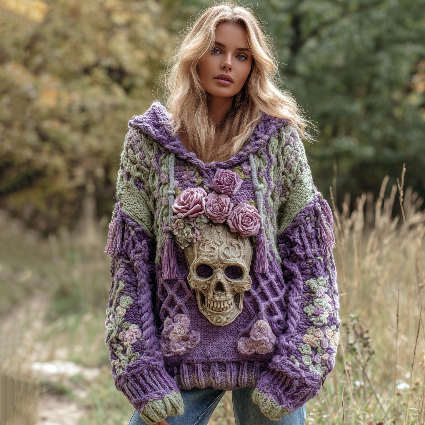 Women's Rose And Skull Inspired Knit Hooded Sweater