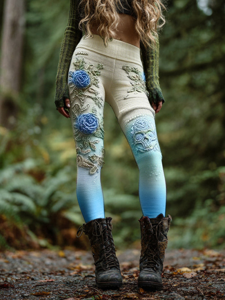 Women's Vintage Skull And Rose Patchwork Comfortable Leggings