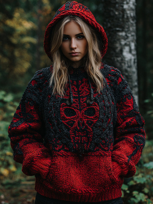 Women's Vintage Viking Tribal Celtic Skull Gradient Art Chunky Knit Hooded Sweater