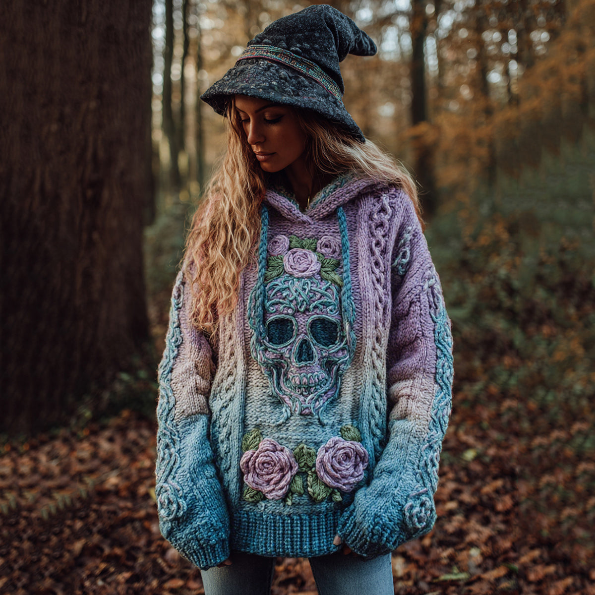 Women's Viking Tribal Jacquard Celtic With Rose And Skull Inspired Chunky Knit Hooded Sweater