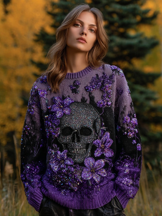 Vintage Glitter Skull & Flowers Embroidered Cozy Knit Sweater