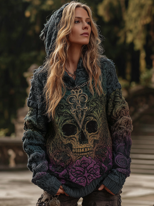 Women's Gradient Color Hooded Long Sweater With Viking Style Tribal Totem