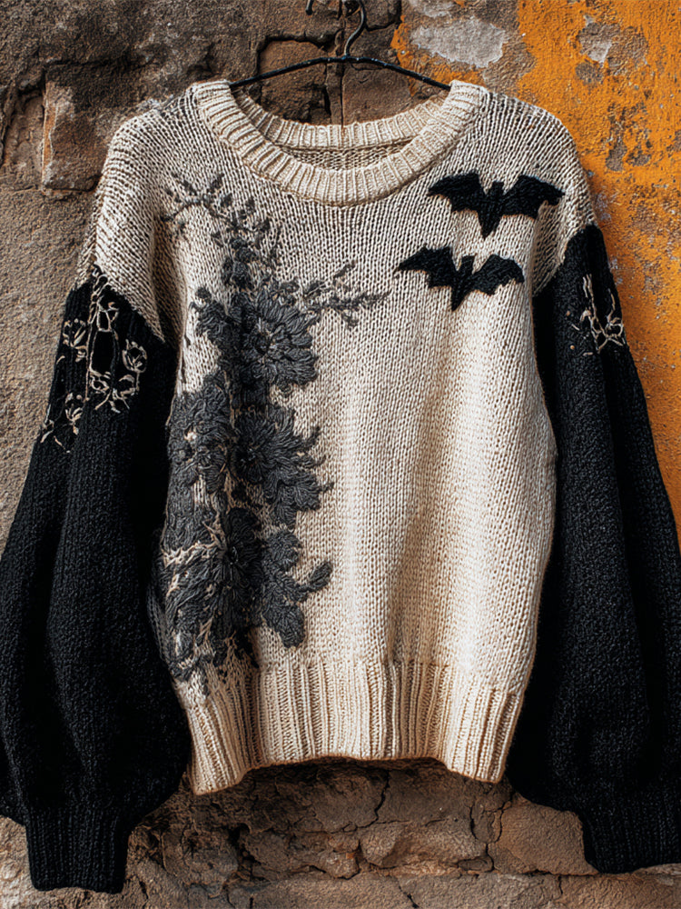 Halloween Bat Floral Embroidery Women's Knit Sweater