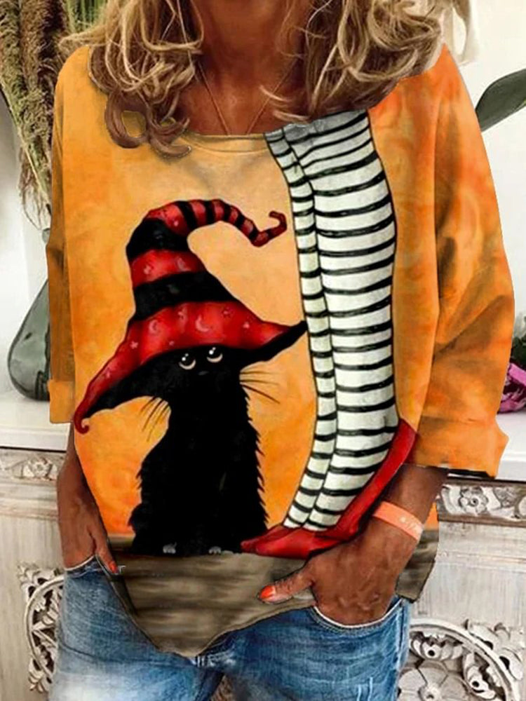 Women's Classic Ruby Red Shoes Halloween Witch Legs With Black Cat Pattern Print Long Sleeve T-Shirt