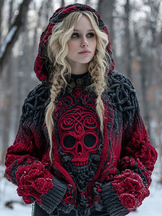 Halloween Skull Gothic Women's Hooded Chunky Knit Sweater