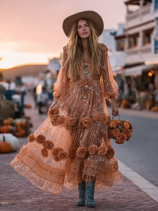 Women's Orange Rose Gilded Pattern Elegant Long Sleeve Dress