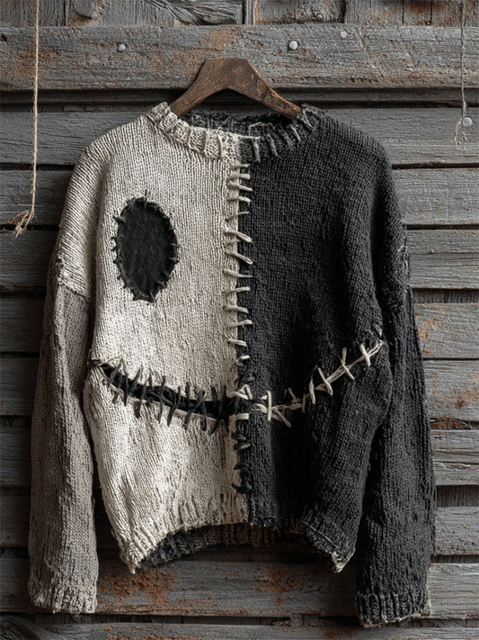 Halloween Spooky Face Contrast Stitched Cozy Knit Sweater