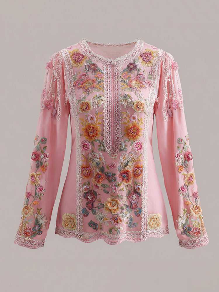 Women's Pink Floral Pink Embroidery Print T-shirt