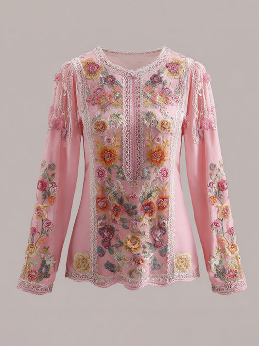 Women's Pink Floral Pink Embroidery Print T-shirt
