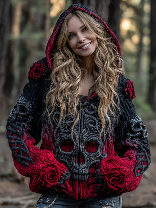 Women's Vintage Viking Tribal Celtic Skull Gradient Art Cozy Knitted Hooded Cardigan