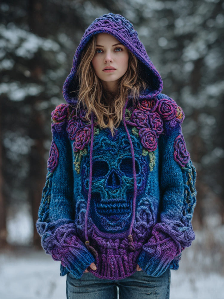 Women's Vintage Skull Floral Gradient Celtic Art Knit Hooded Sweater