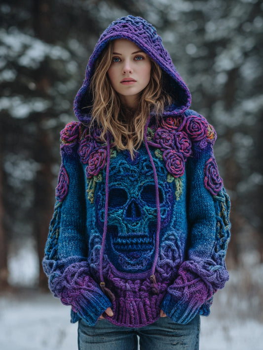 Women's Vintage Skull Floral Gradient Celtic Art Knit Hooded Sweater