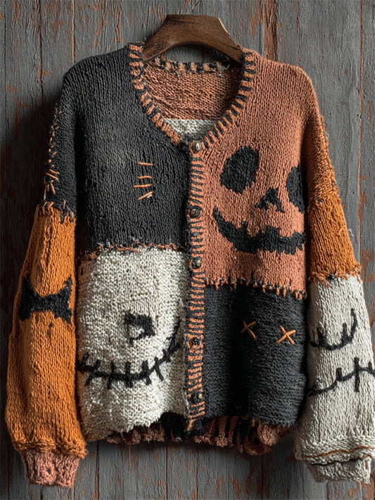 Halloween Pumpkin Face Colorblock Stitched Cozy Knit Cardigan