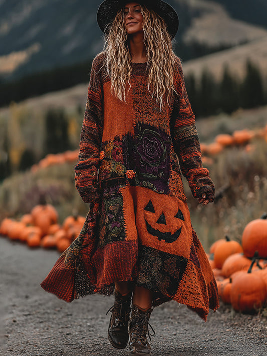 Vintage Halloween Pumpkin Face With Floral Patchwork Art Linen Cozy Knit Sweater Maxi Dress