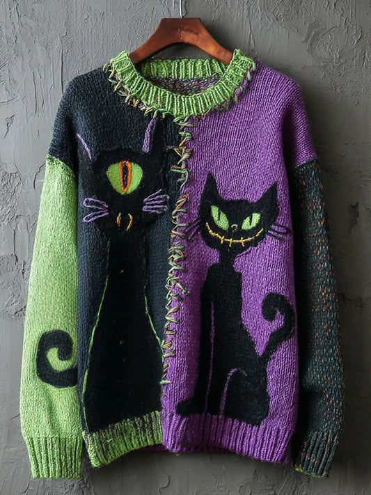 Halloween Monster Black Cat Color Blocking Women's Knitted Sweater