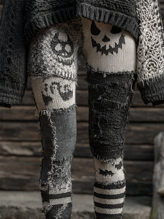 Halloween Pumpkin Face Frayed Patchwork Cozy Knit Leggings